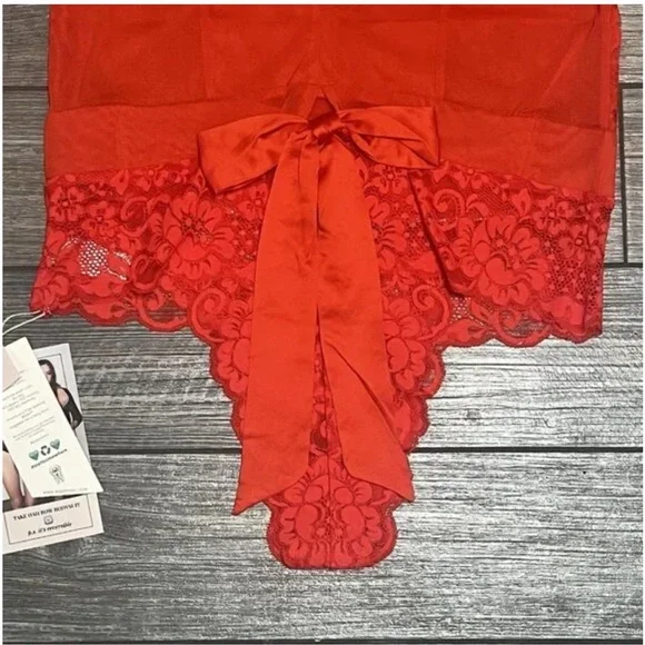 NWT $148 Free People Take HAH Bow Bodysuit Large Red Sheer Lace S L XL - Picture 7 of 11